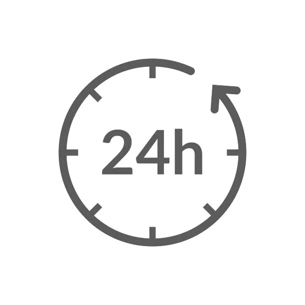 Clock with 24h in the center and an arrow indicating 24-hour service or availability.